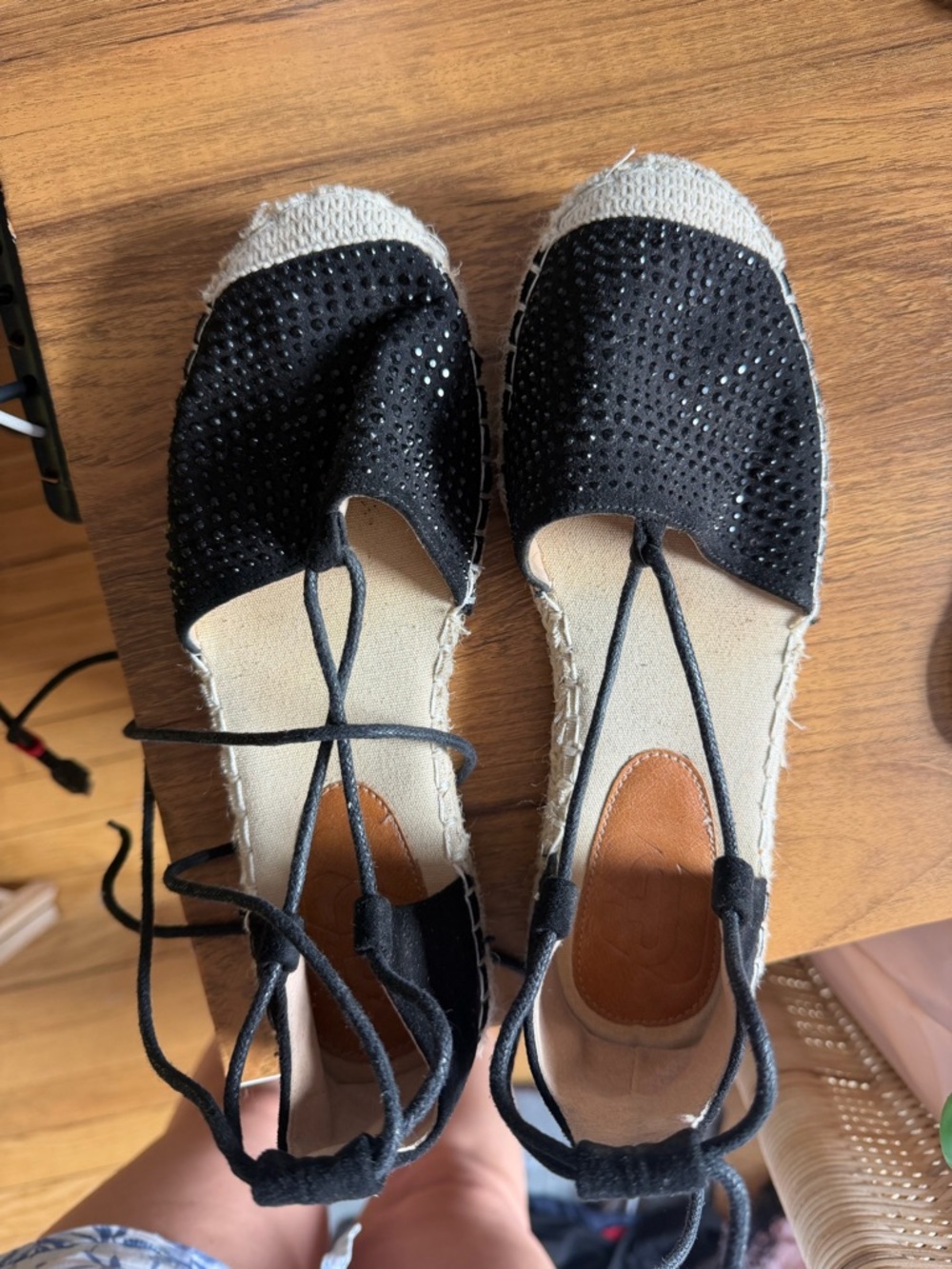 Black Espadrille Lace-Up Flats with Studded Upper